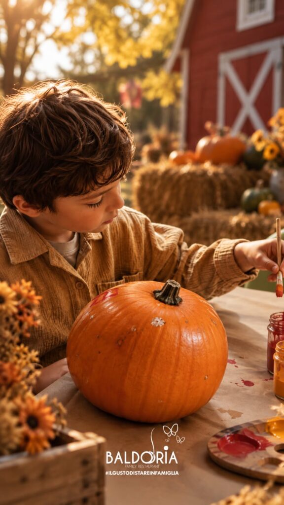 Bambino che dipinge una zucca al laboratorio del Cortile delle Zucche